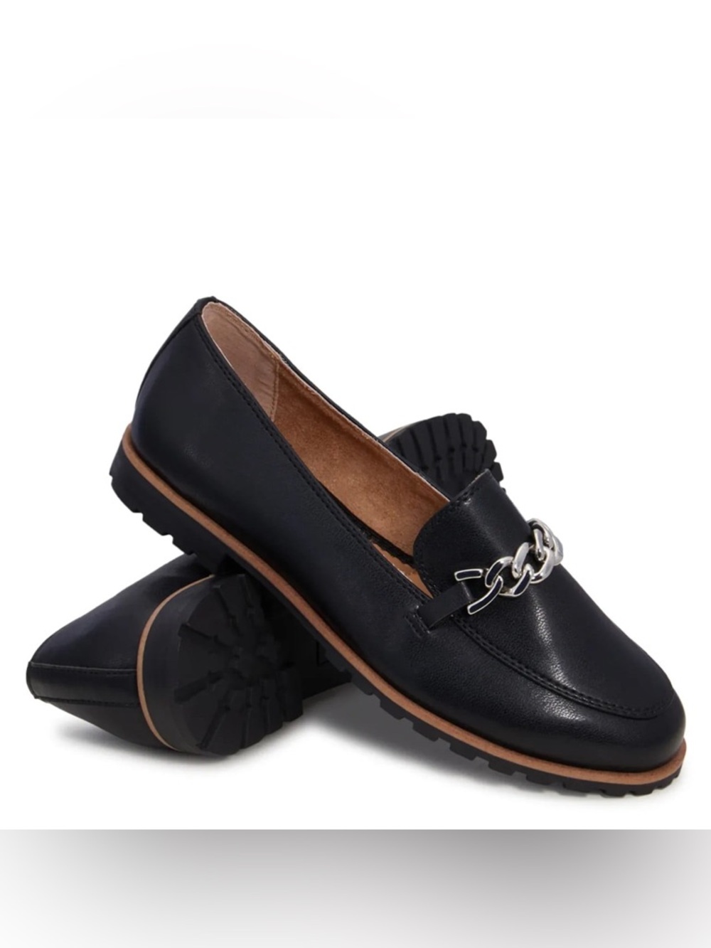 Black Leather Chain-Accent Loafers